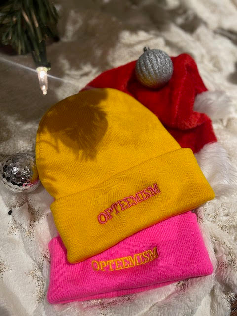 Yellow & Pink "OPTEEMISM" Beanies