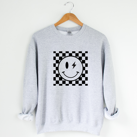 Winking Smiley with Lightening Bolt Crew Neck Graphic Sweater