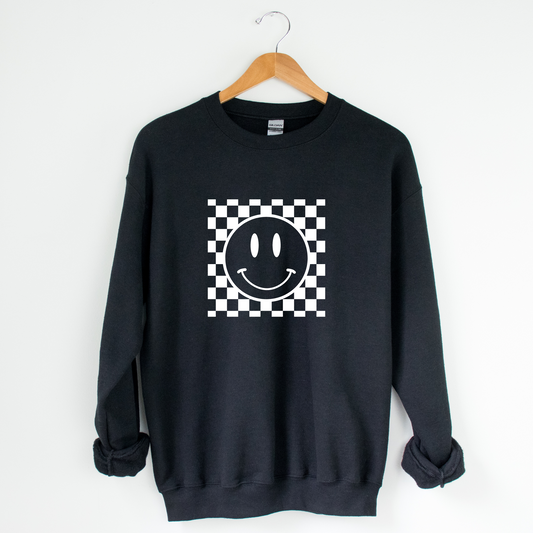 Checkered Smiley Graphic Crew Neck Sweater