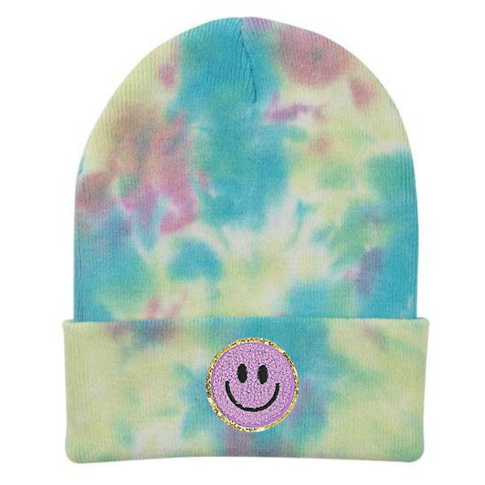 Raspberry Mist Beanie with PurpleSmiley Face Patch