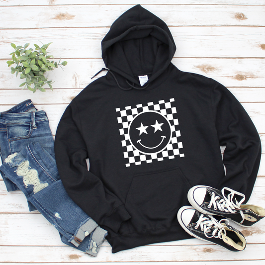 Starry Eyed Checkered Smiley Face Graphic Hoodie